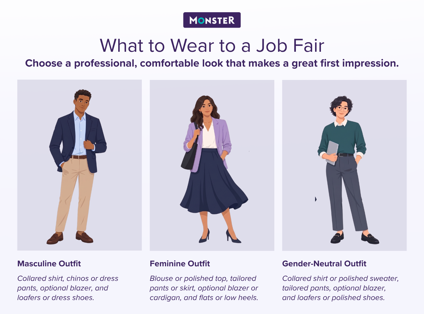 Illustrated guide on what to wear to a job fair, featuring three business-casual styles: masculine outfit (collared shirt, chinos, blazer), feminine outfit (blouse, skirt, cardigan), and gender-neutral outfit (polished sweater, tailored pants).