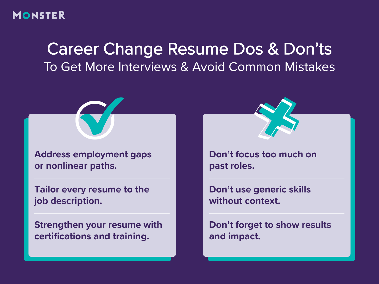 A list of dos and don’ts for a career change resume to get more job interviews, as shown by a side-by-side comparison chart. Key tips: address employment gaps and highlight certifications; avoid generic skills and over-focusing on past nonrelevant roles.