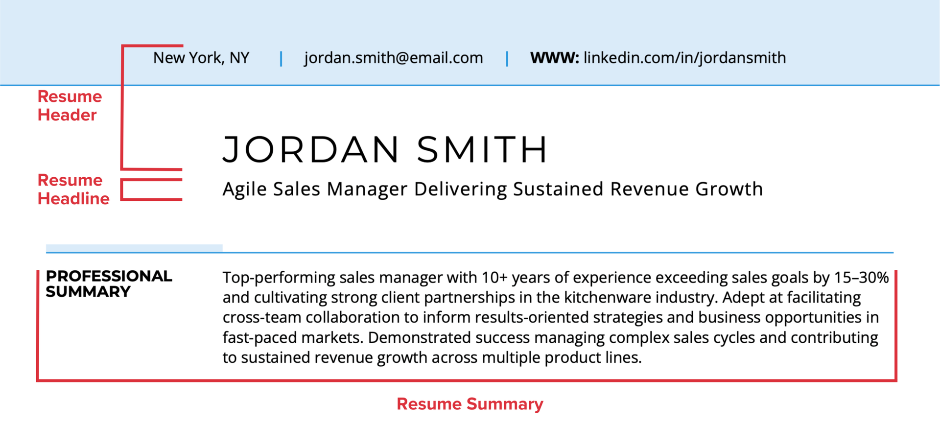 Annotated resume example showing the header, headline, and resume summary sections highlighted with red labels.