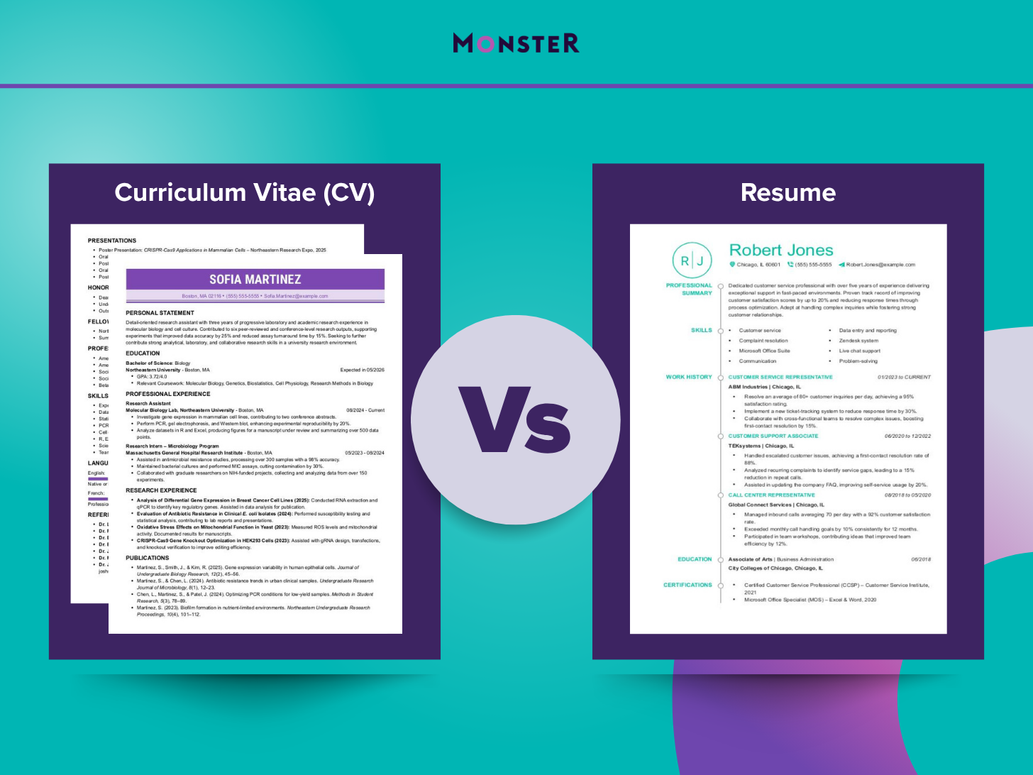 Infographic comparing a detailed, multi-page academic CV and a one-page professional resume side by side, with a &ldquo;Vs&rdquo; icon between them under the Monster logo.