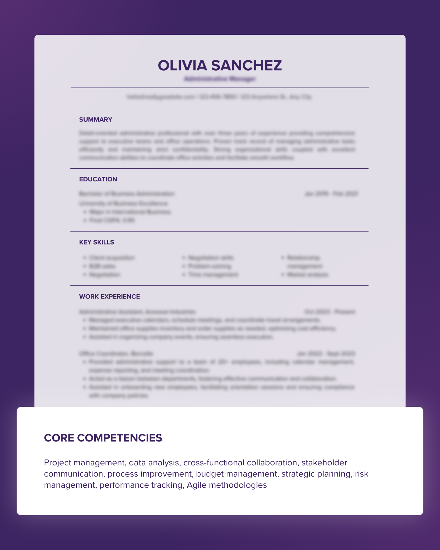 Resume mockup showing the "Core Competencies" section placed at the very bottom of a one-column layout, below the work experience. It lists applicant skills and strengths in a comma-separated paragraph format.