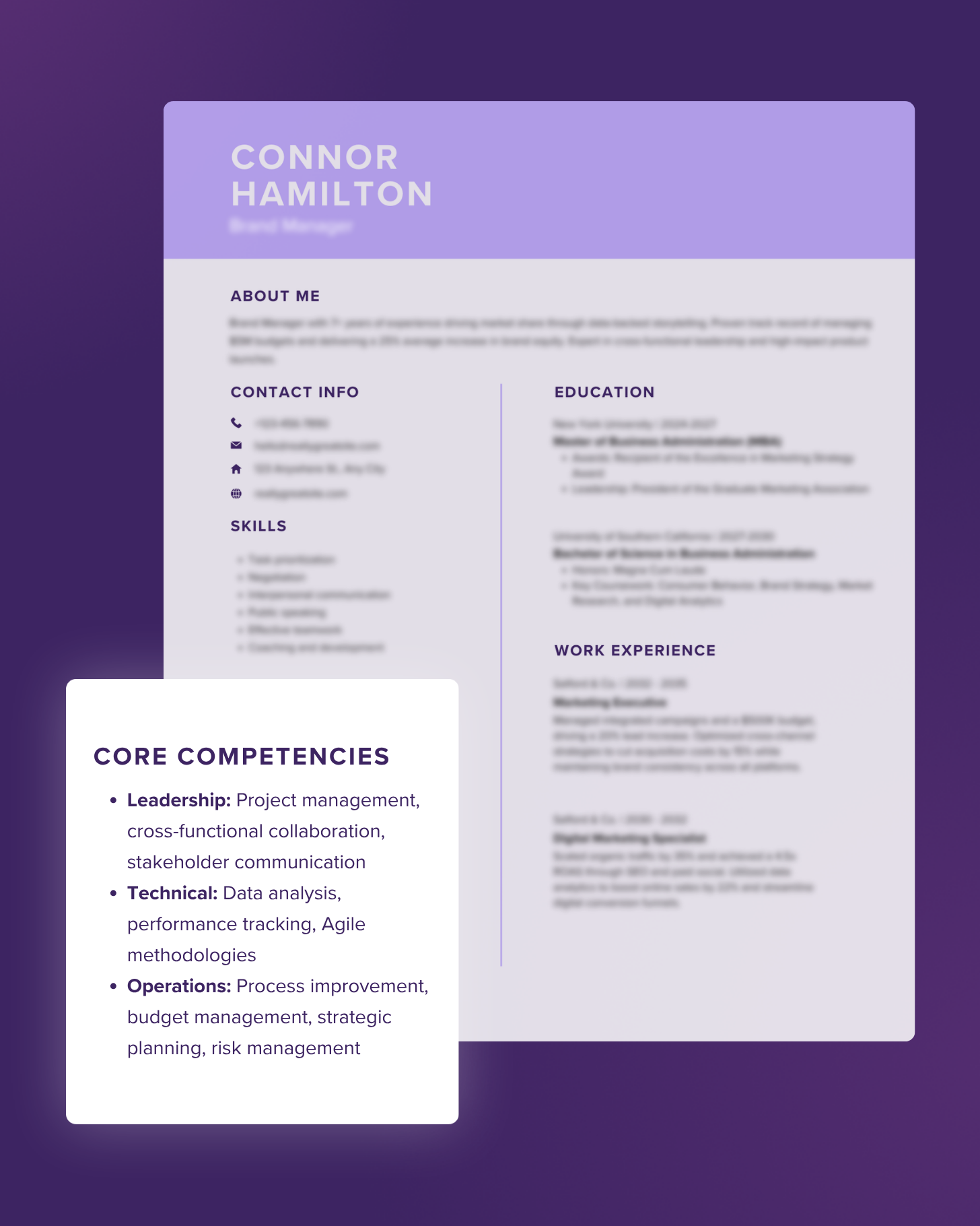 Two-column resume layout showing "Core Competencies" as a categorized bulleted list. Skills are grouped under bold headers: Leadership, Technical, and Operations, demonstrating an organized way to present high-level expertise in a sidebar.