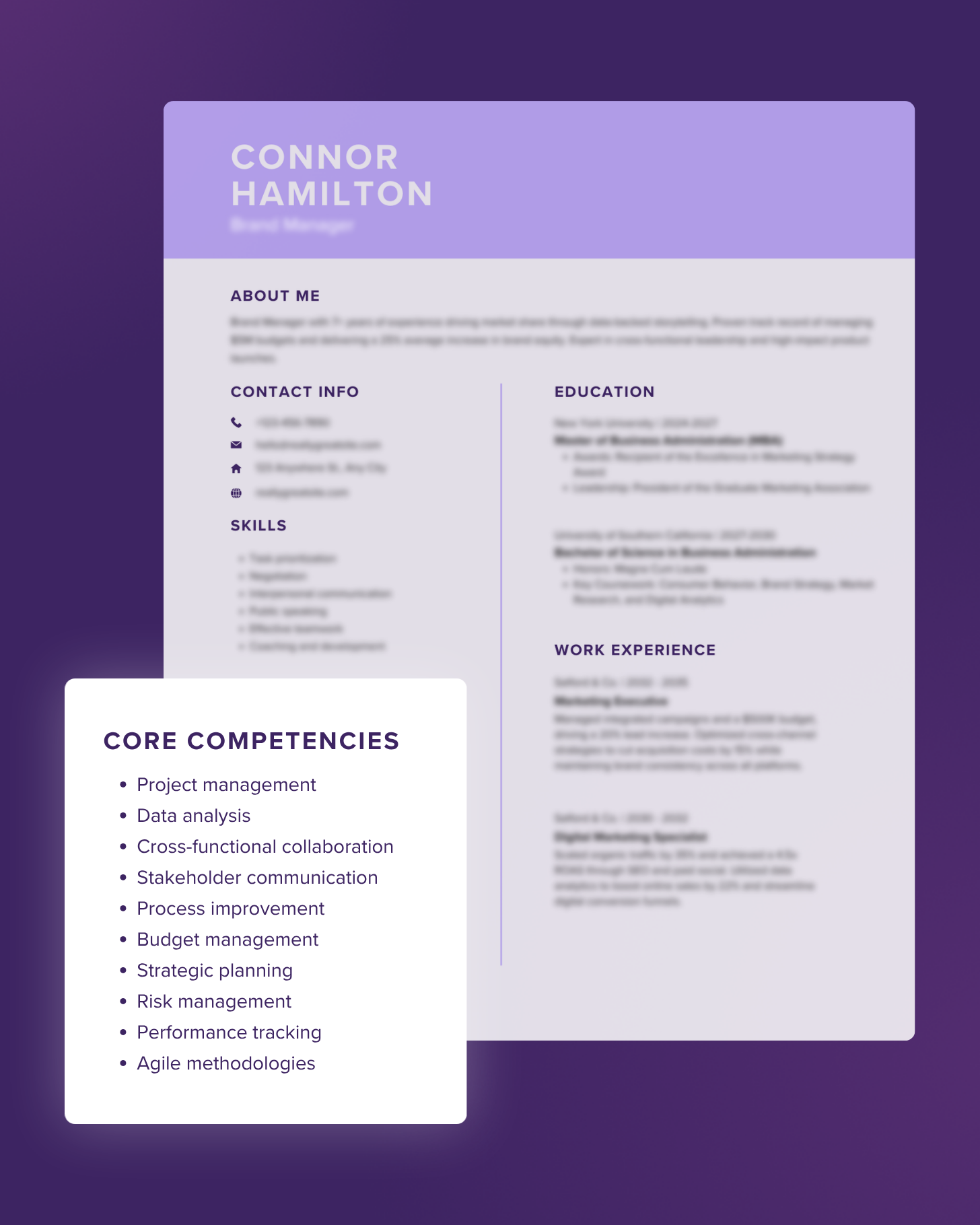 Two-column resume mockup with "Core Competencies" presented as a simple vertical bulleted list within a left-hand sidebar. This design highlights a block of text containing various applicant skills and strengths.