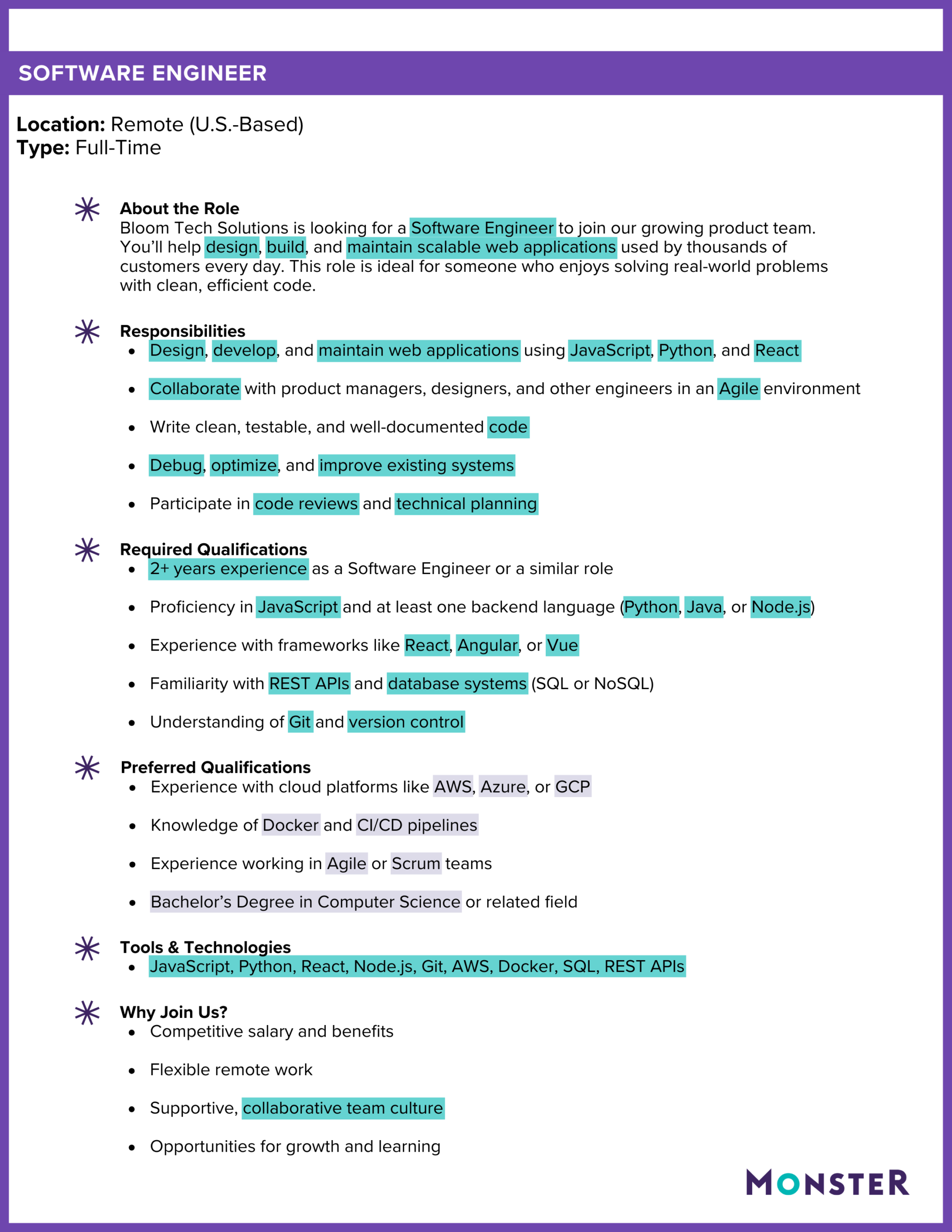 Graphic of a sample job ad highlighting keywords to use in a resume to help it pass an applicant tracking system (ATS).