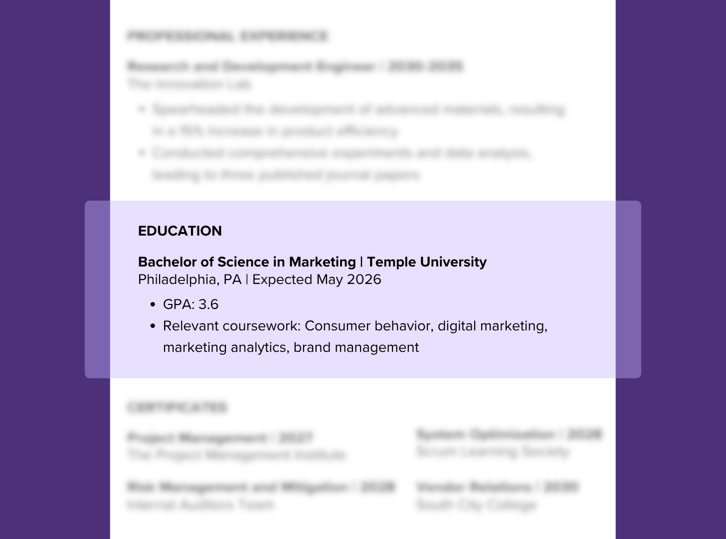 Example of an expected graduation date in a resume education section, formatted as "Expected May 2026" beneath the degree and university name.