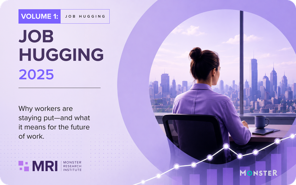 Monster Research Institute branded image featuring a woman sitting at a desk gazing out the window at a cityscape.