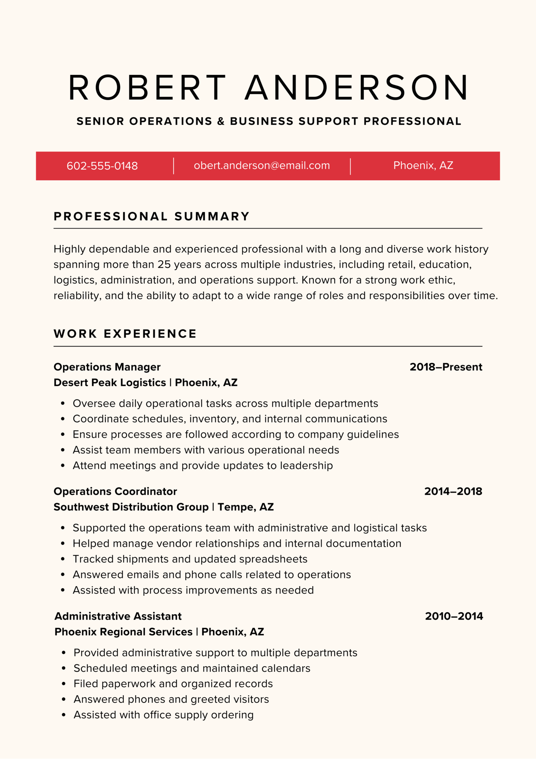 Resume example page 1 of 3 showing a long autobiography style, including a lengthy summary and history of roles. It focuses on mundane tasks like "answering phones" rather than high-level senior achievements.