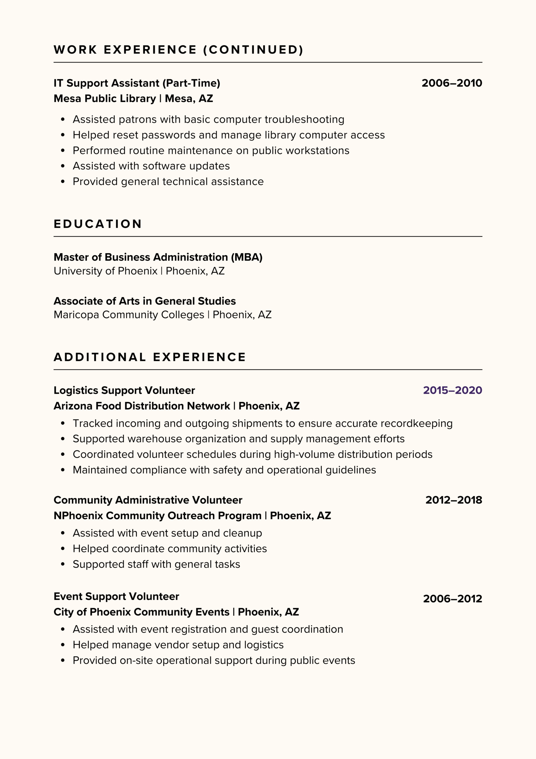 Resume example page 2 of 3 continuing a long autobiography style. It lists part-time IT roles from 20 years ago and extensive volunteer history, cluttering the document with information that is no longer relevant to a senior professional level.