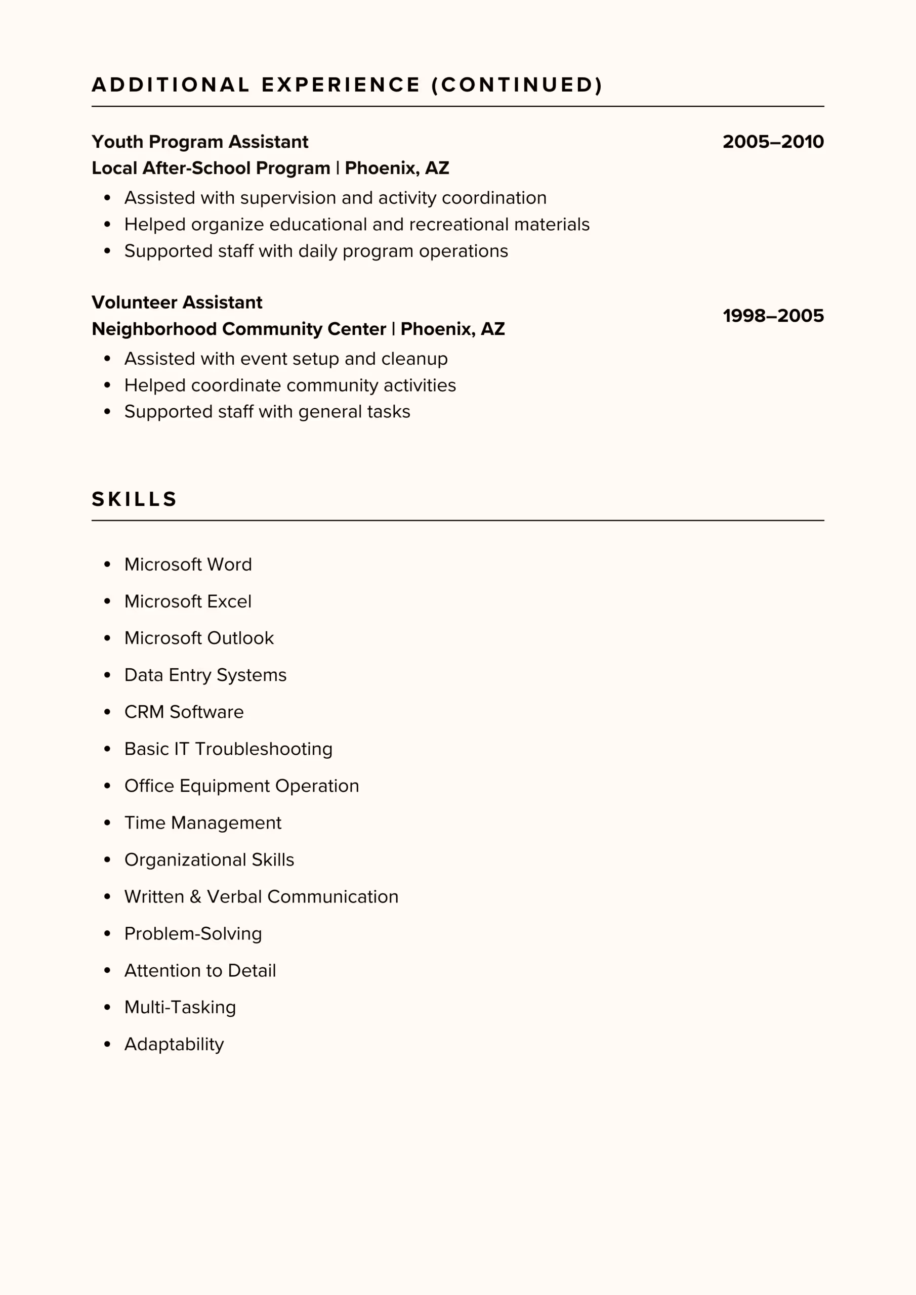 Resume example page 3 of 3 concluding a long autobiography. It lists volunteer roles from 1998 and basic skills like "Microsoft Word," demonstrating a failure to curate content for a modern, high-level job application.