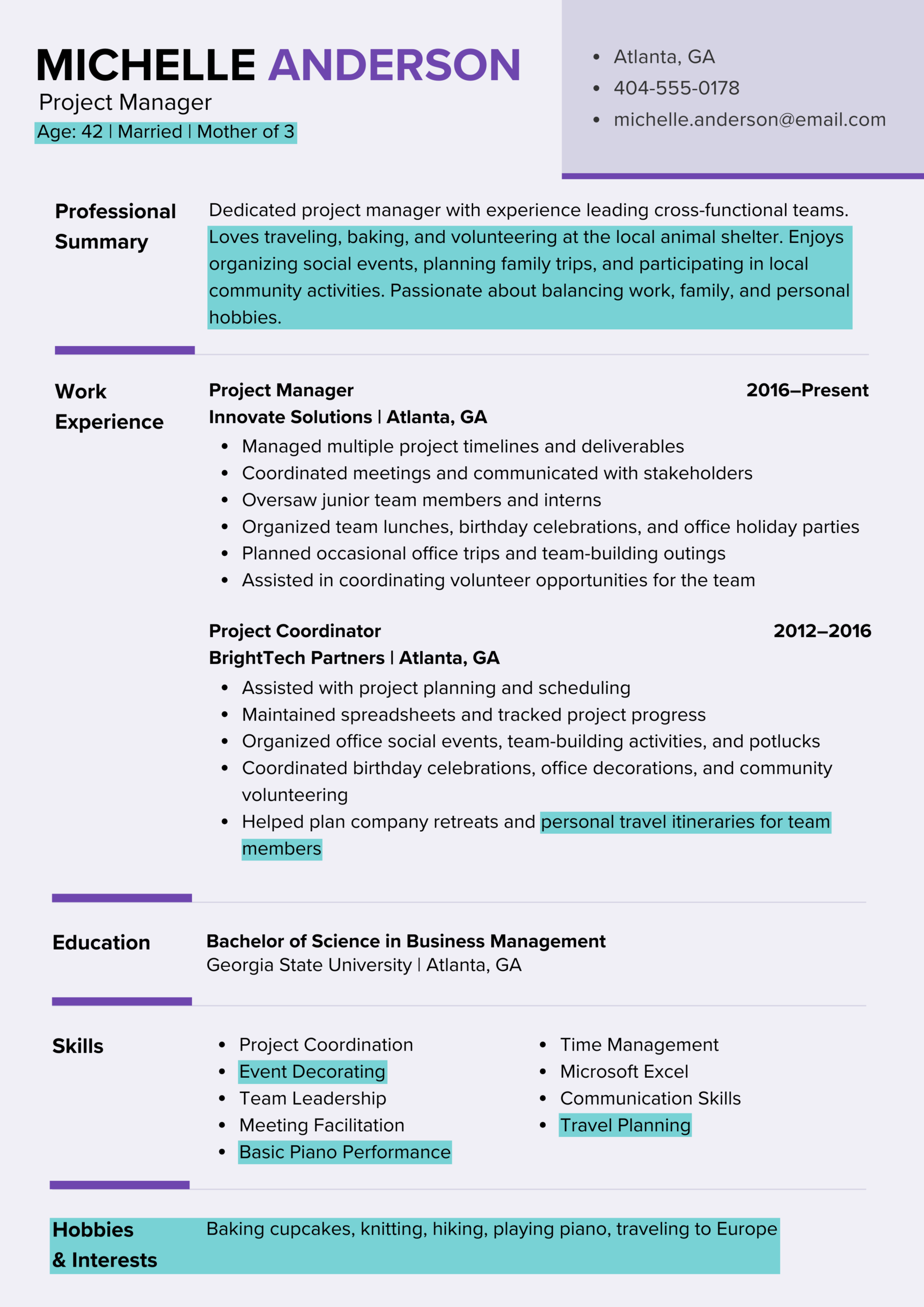 Resume example of oversharing personal information, including marital status, number of children, and age, along with unprofessional hobbies, distracting from the candidate’s professional experience and introducing unconscious bias or legal concerns.