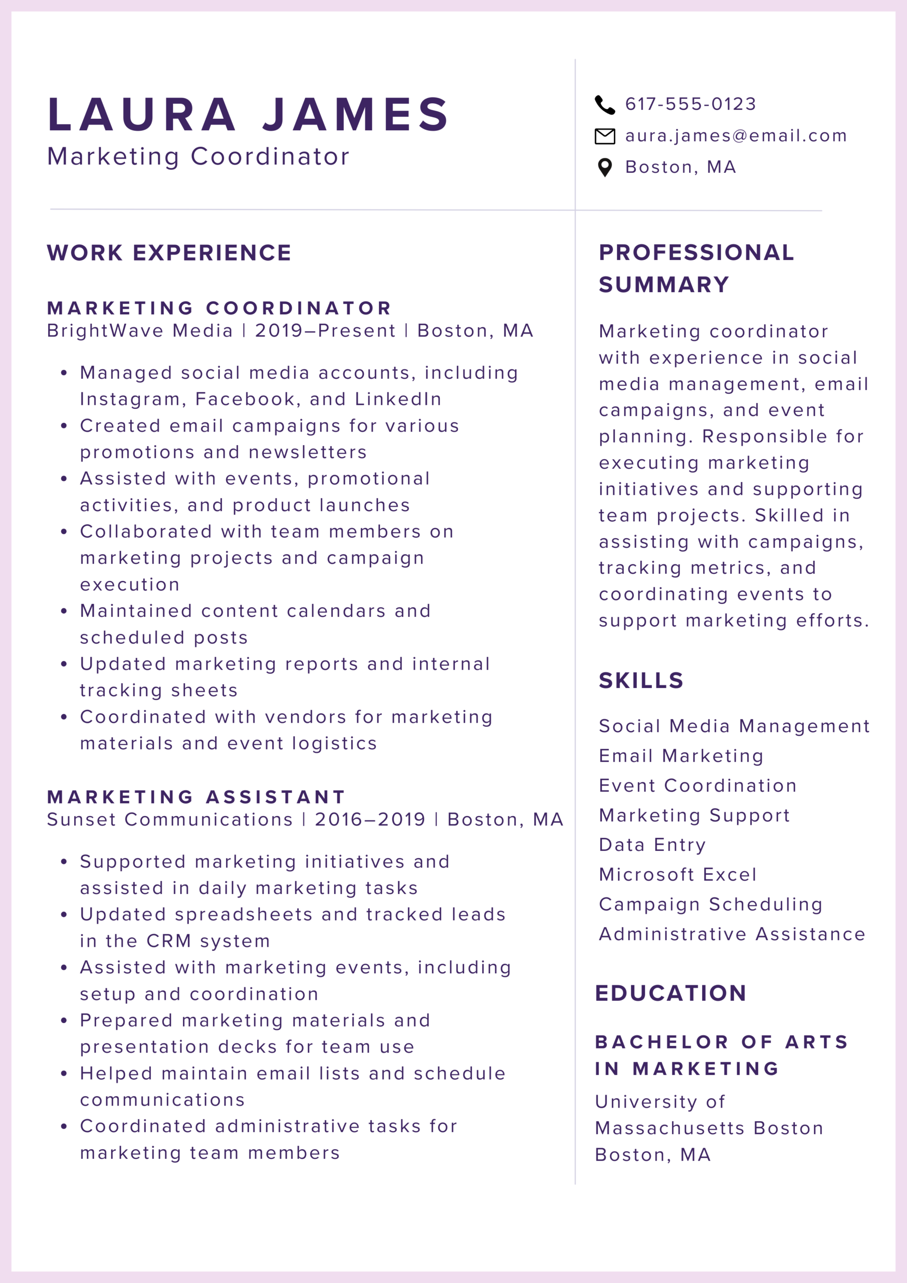 Resume example of a "non-achiever" profile. Bullet points list basic job duties and responsibilities instead of quantifiable accomplishments or the specific impact made in each role.