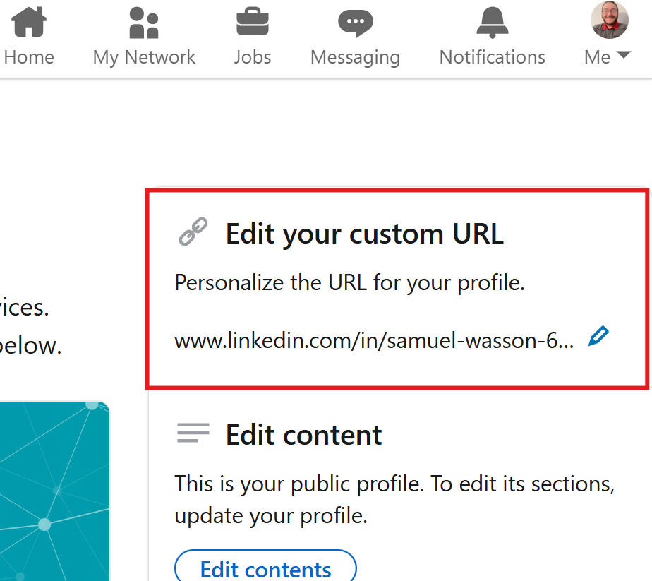The "Edit your custom URL" section on LinkedIn, with a pencil icon next to the current profile link, is highlighted within a red box.