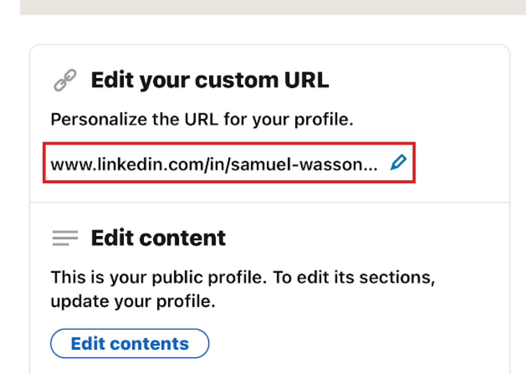 Mobile view of the "Edit your custom URL" section on LinkedIn with a red box around the profile web address and a pencil edit icon.