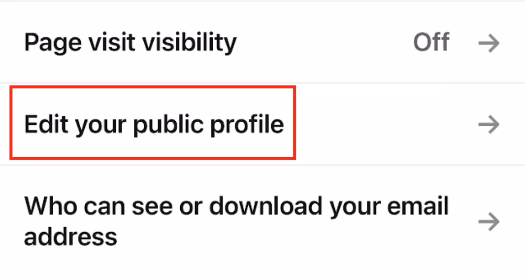 LinkedIn mobile visibility settings with a red box highlighting "Edit your public profile."