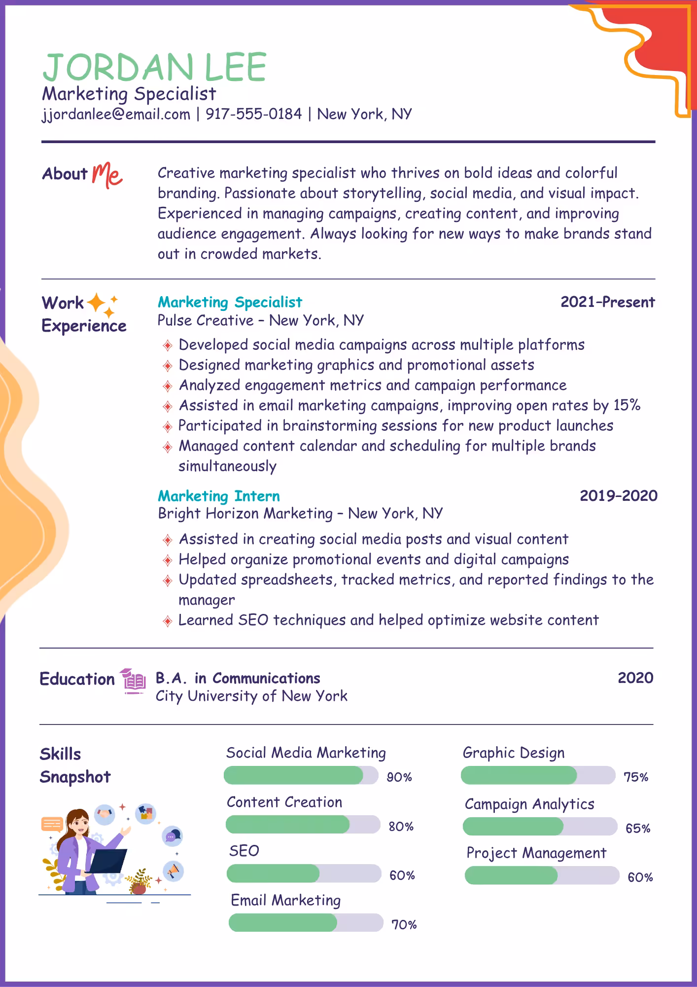 Resume example of poor and distracting graphic design, showing unprofessional fonts, clashing colors, clip art, and subjective "skill bars" that pull attention from key qualifications, slow down scanning, and cause issues for applicant tracking systems.