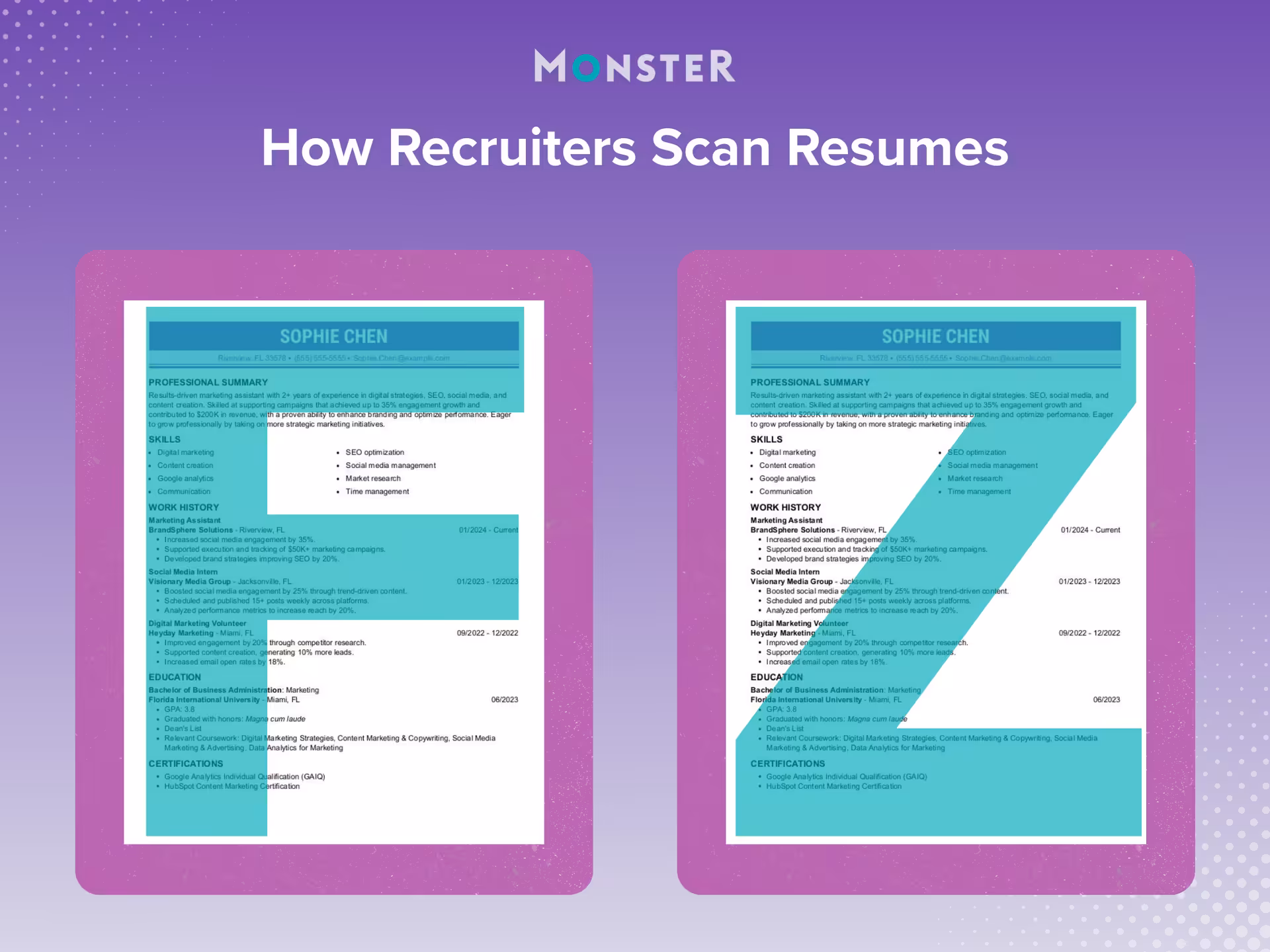 Infographic showing two resumes with F and Z letter overlays that demonstrate the paths recruiters' eyes follow when scanning resumes.