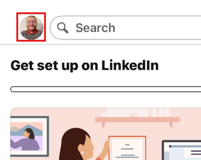 LinkedIn mobile app home screen with a red box highlighting the user profile photo in the top left.