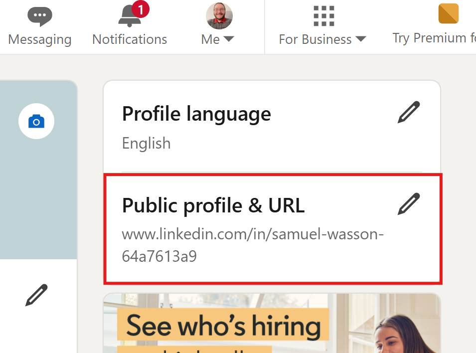 LinkedIn sidebar with the &ldquo;Public profile & URL&rdquo; section, showing a profile link and a pencil edit icon, highlighted within a red box.