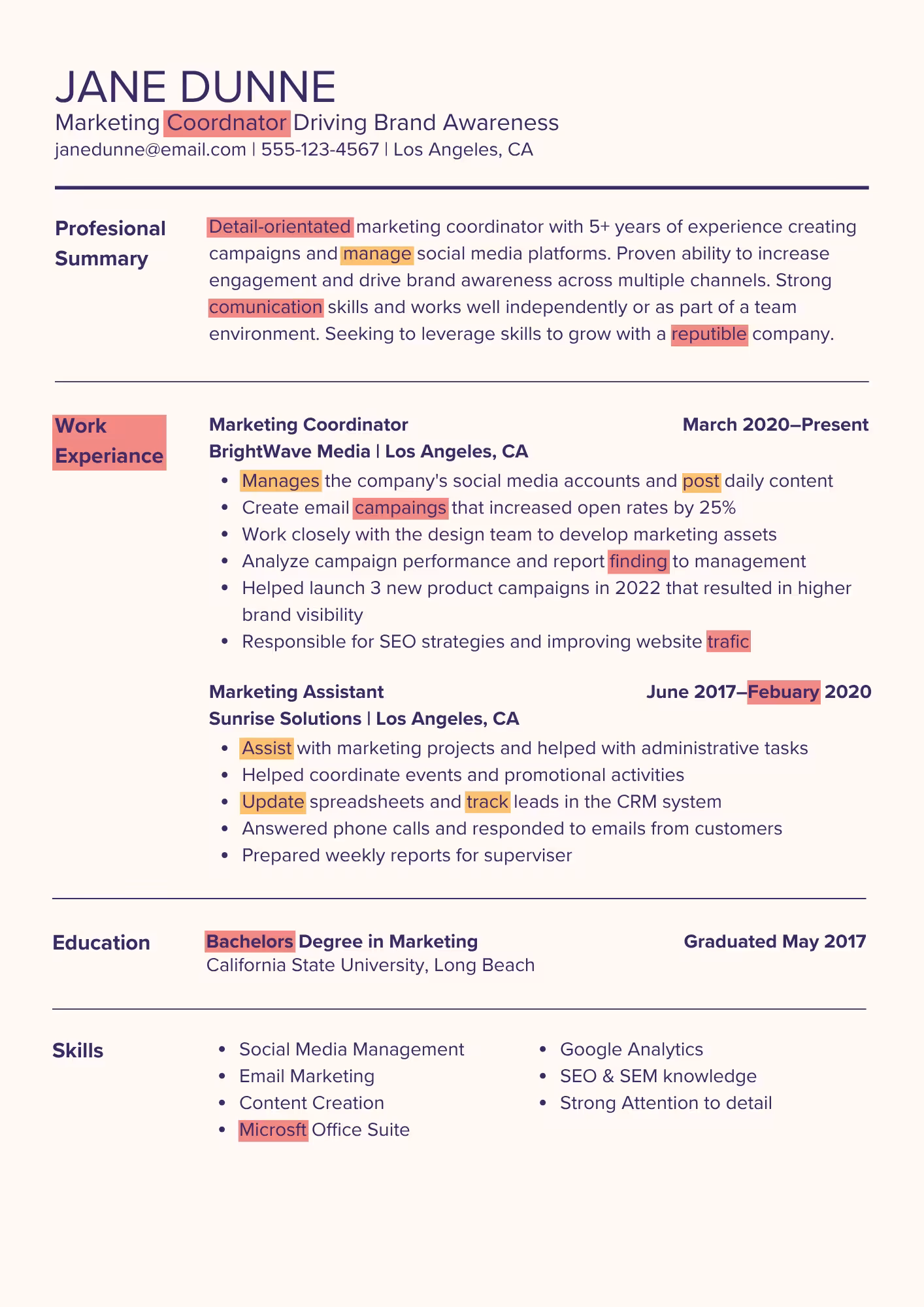Resume example of severe spelling and grammar errors, showing multiple highlighted mistakes like "Coordnator," "comunication," and "Febuary,” leading to doubts about the candidate’s professionalism and attention to detail.