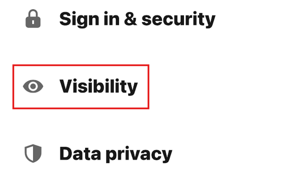 LinkedIn mobile settings menu with a red box highlighting the "Visibility" option.