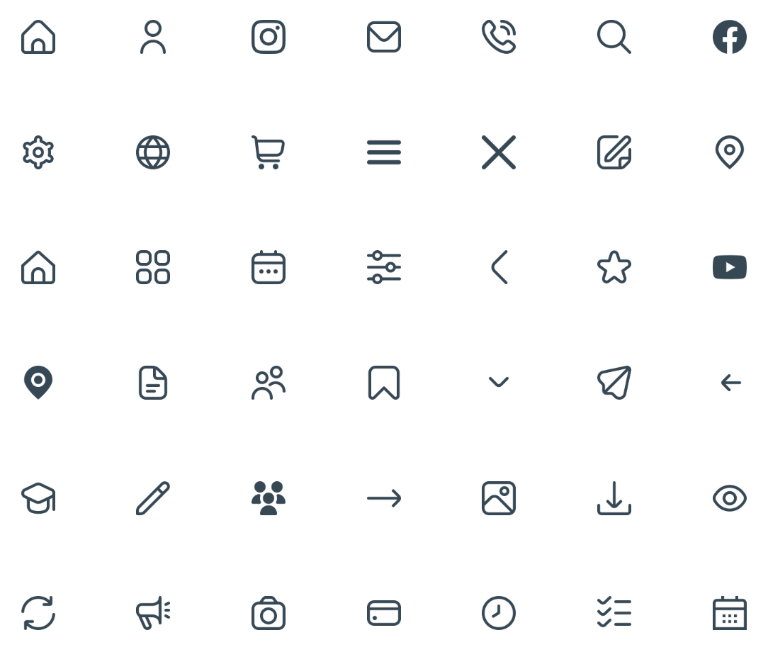 Simple UI icons used on resumes for email, phone, location, and social media links.
