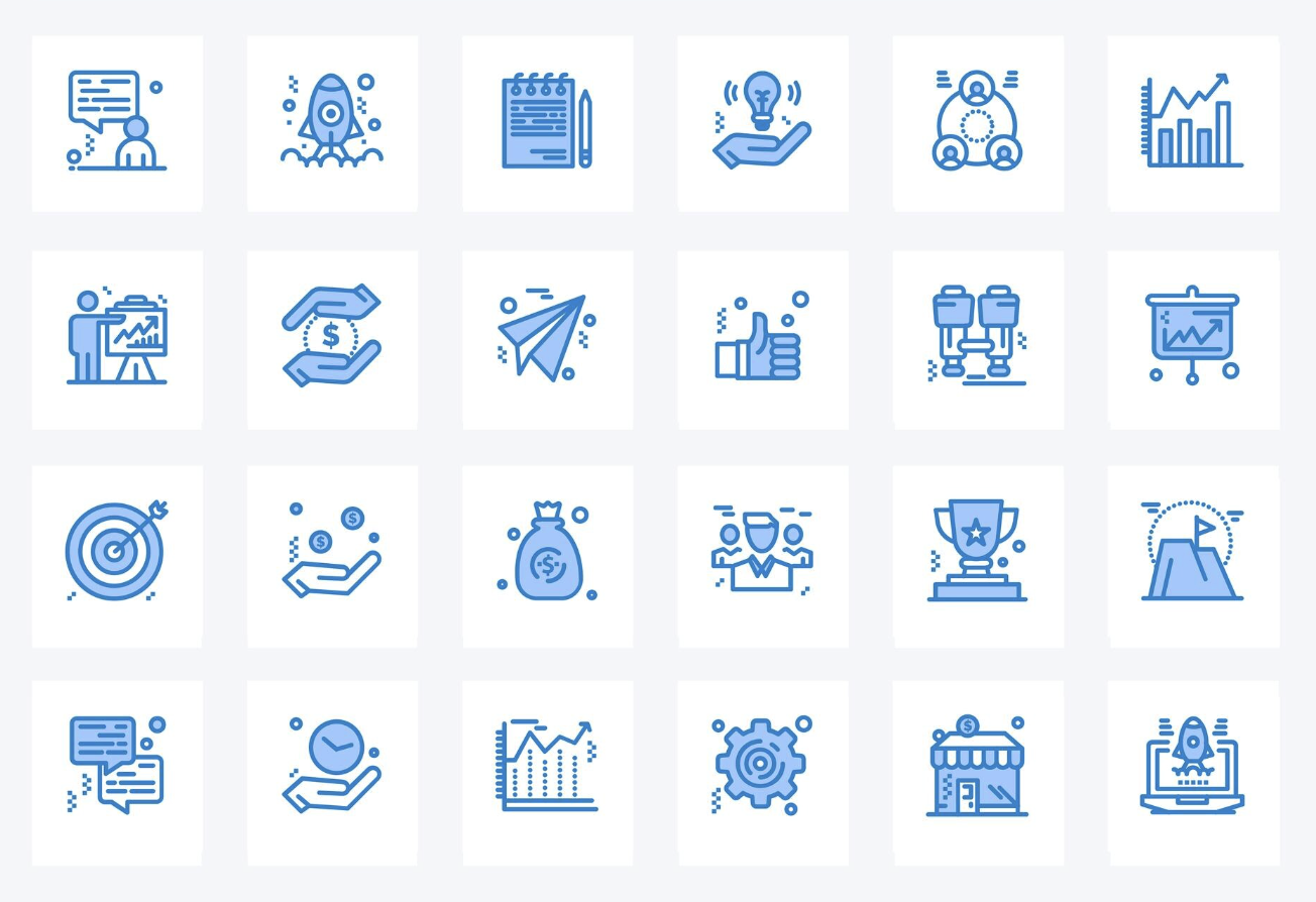 Blue-themed business icons suited for highlighting professional growth and business strategy on a resume.
