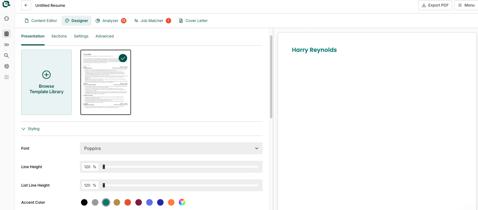 Screenshot of Teal's resume builder interface showing a “Designer” tab with template selection and styling options, including font, line height, and accent color controls, alongside a live resume preview on the right.