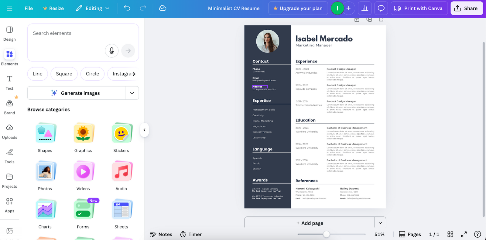 Screenshot of Canva’s design interface showing a resume template being customized, with a sidebar of elements and media options on the left, editing tools at the top, and a resume layout preview on the right.
