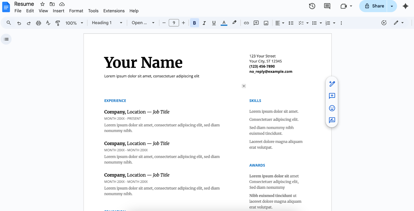 Screenshot of a Google Docs resume template showing a two-column layout with a name header at the top, experience section on the left, and skills and awards sections on the right, along with the standard Google Docs toolbar and menu.