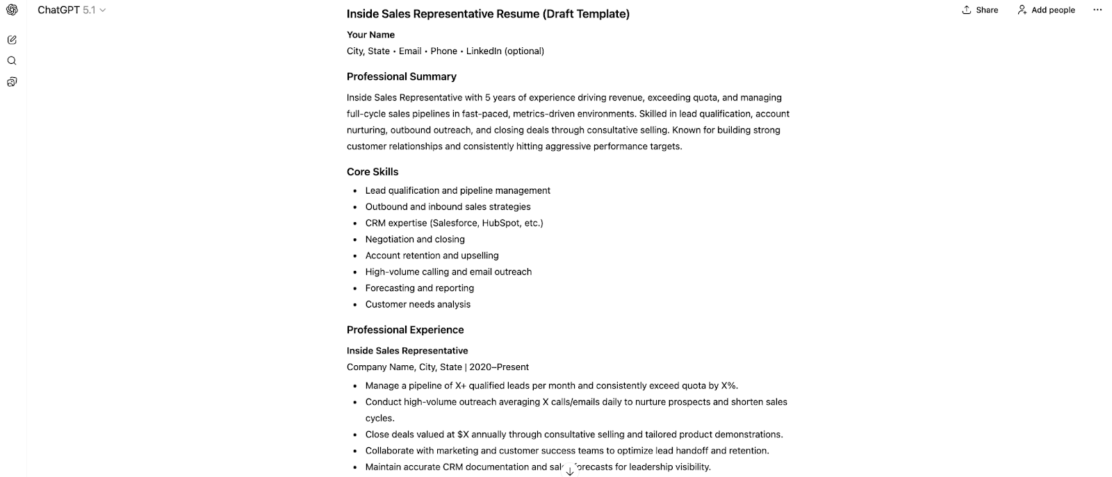 Screenshot of a ChatGPT-generated resume titled “Inside Sales Representative Resume (Draft Template)” showing sections for professional summary, core skills, and professional experience in a clean, text-based layout.