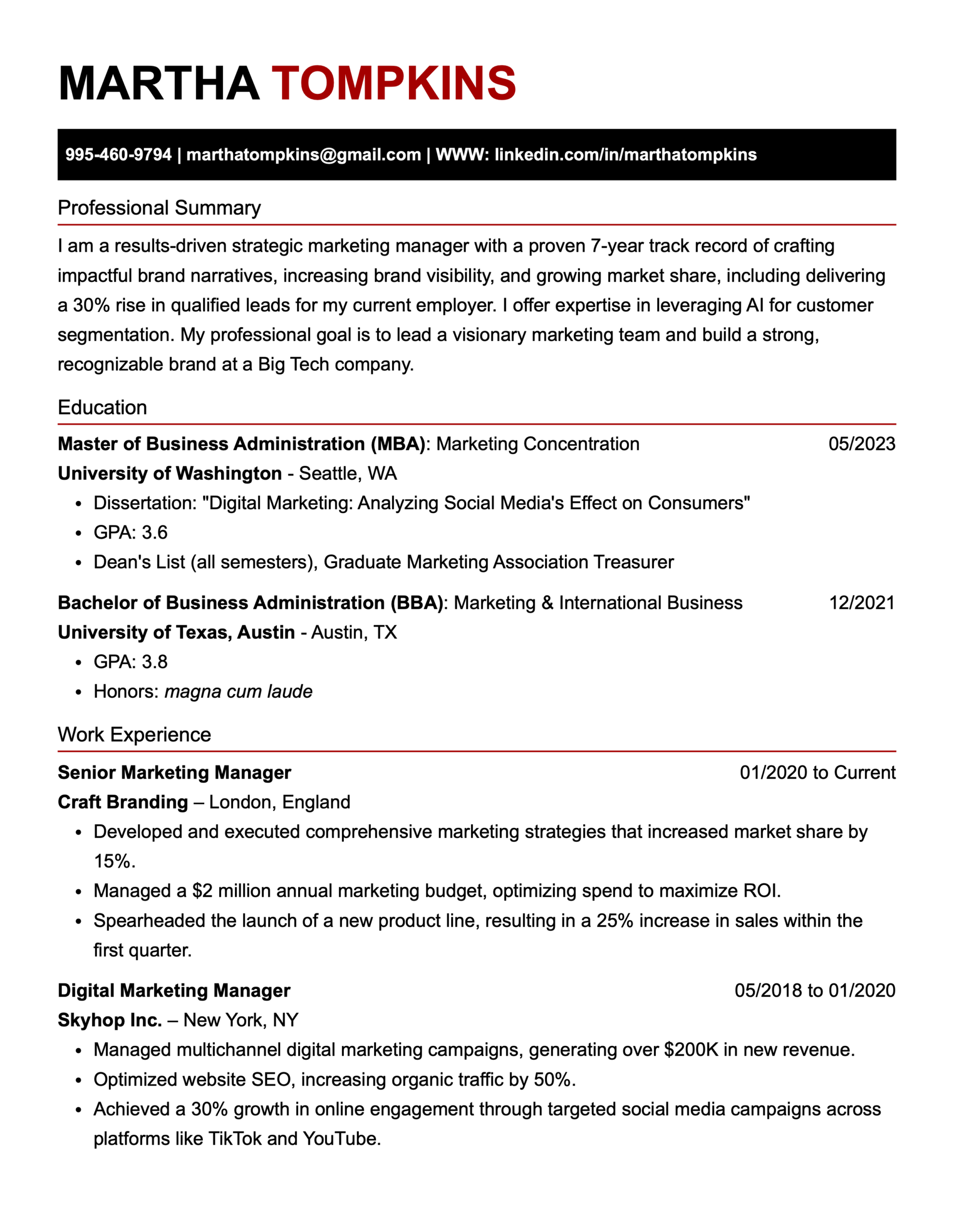Part 1 of a marketing manager CV example.
