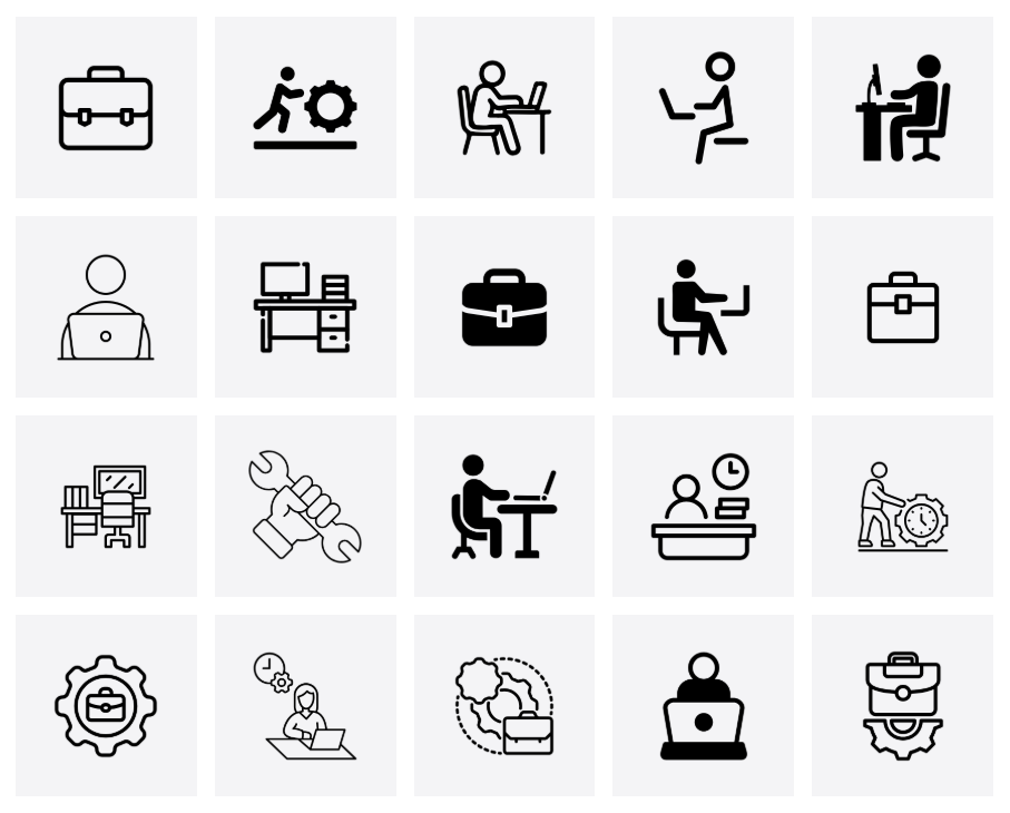 Black and white icons illustrating concepts like work experience, office roles, and technical skills.