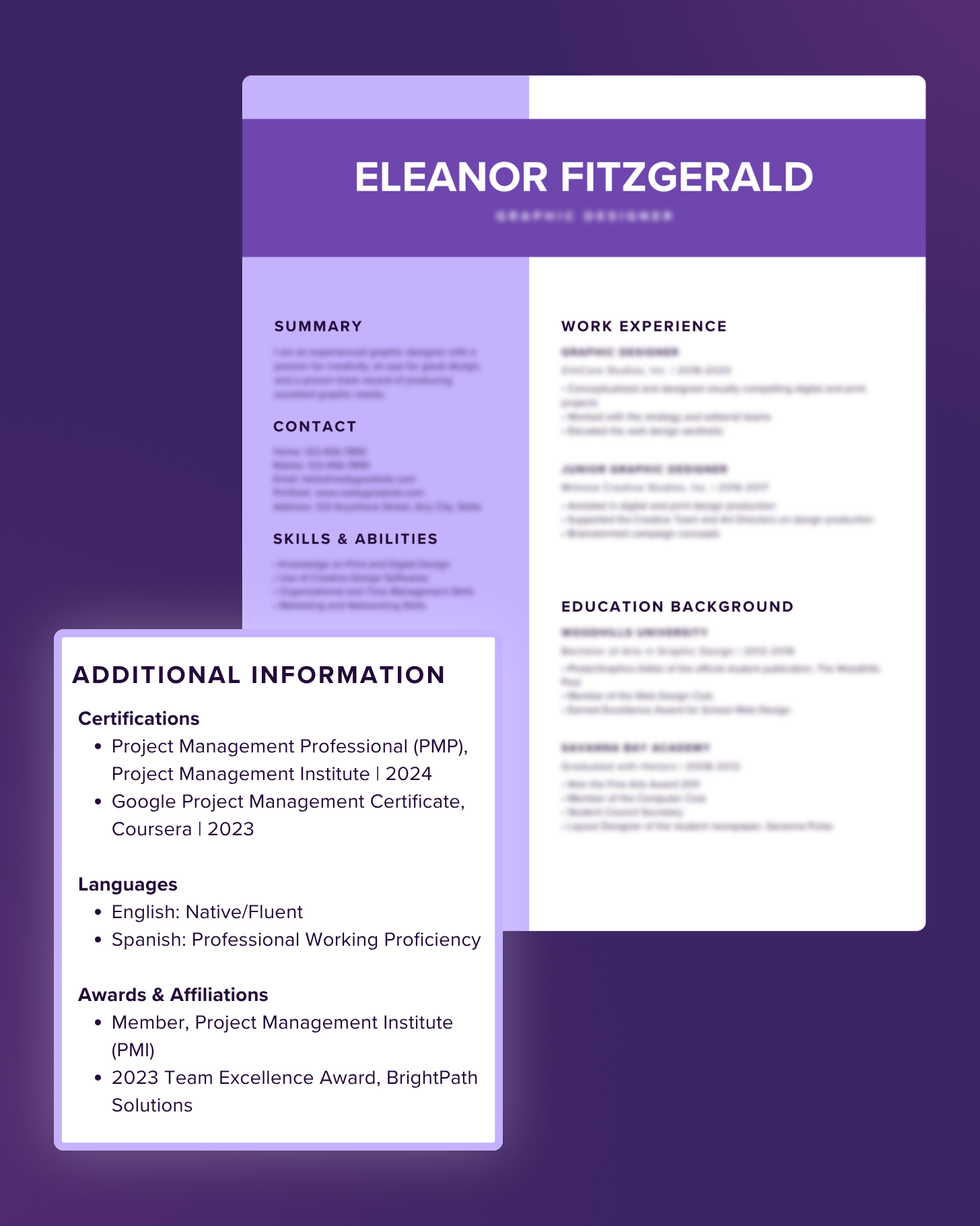 Resume example with "Additional Information" highlighted by a callout box, covering certifications, languages, and awards, near the end of a two-column resume on the left side.