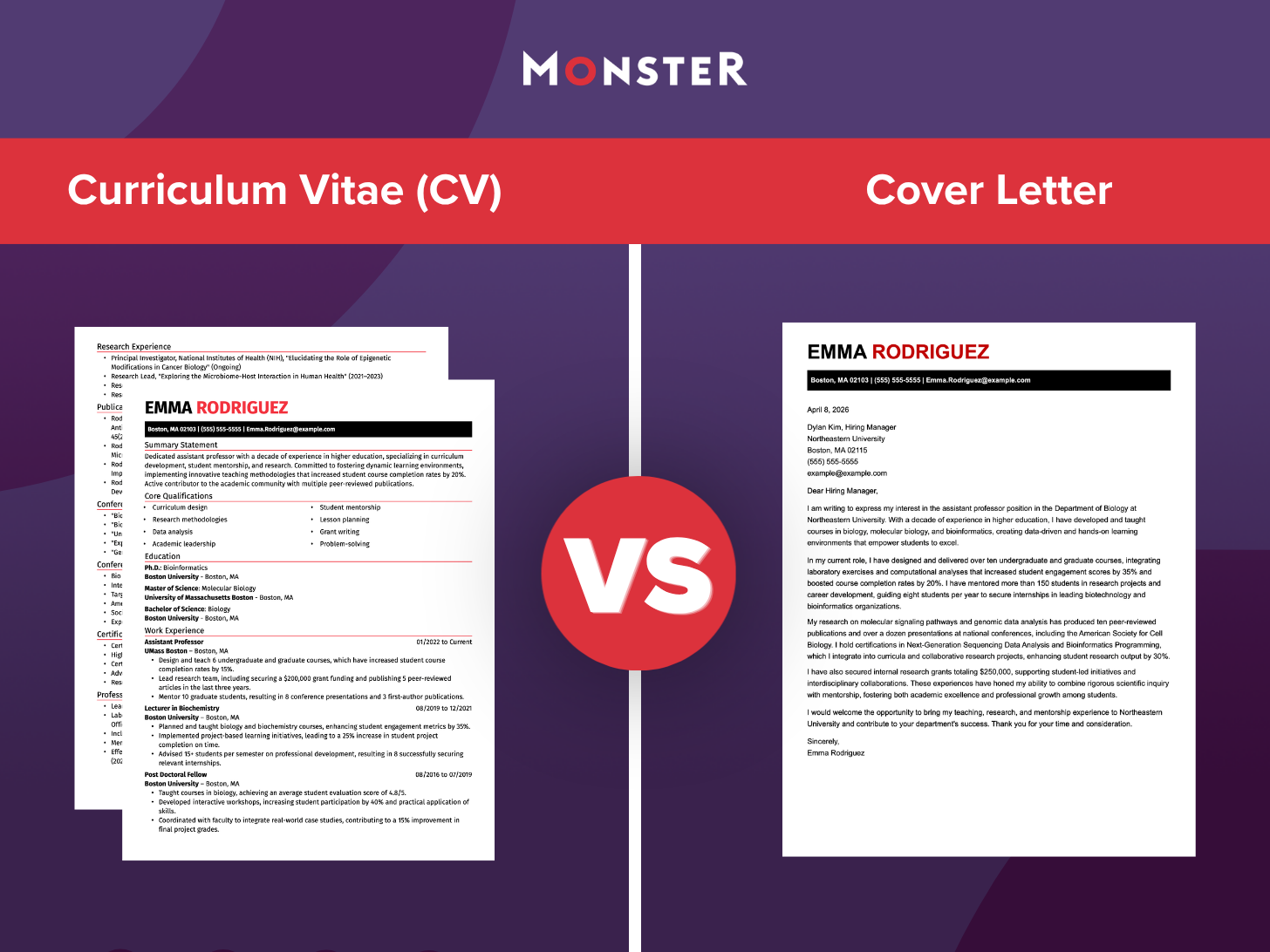 Monster comparison of a curriculum vitae and a cover letter. A split-screen graphic shows a multi-page CV detailing academic research and experience on the left, and a one-page narrative cover letter on the right.