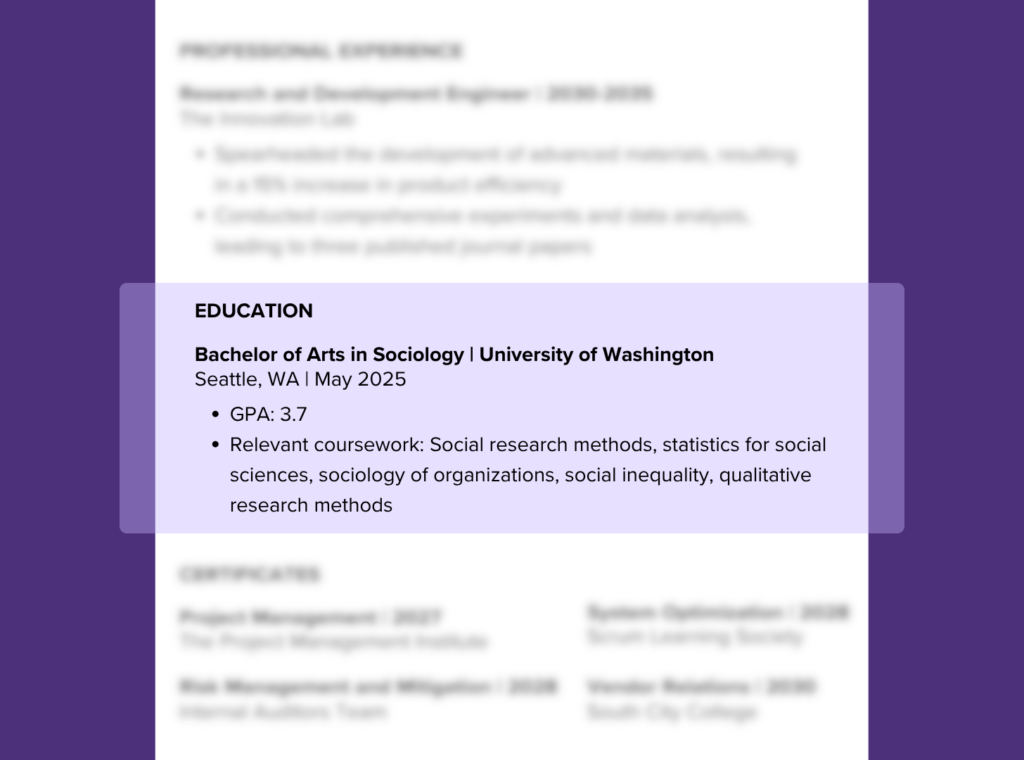 Resume education section highlighting a 3.7 GPA. The graphic uses a purple callout box to focus on a college degree and coursework over a blurred professional background, demonstrating the inclusion of GPA on a resume.