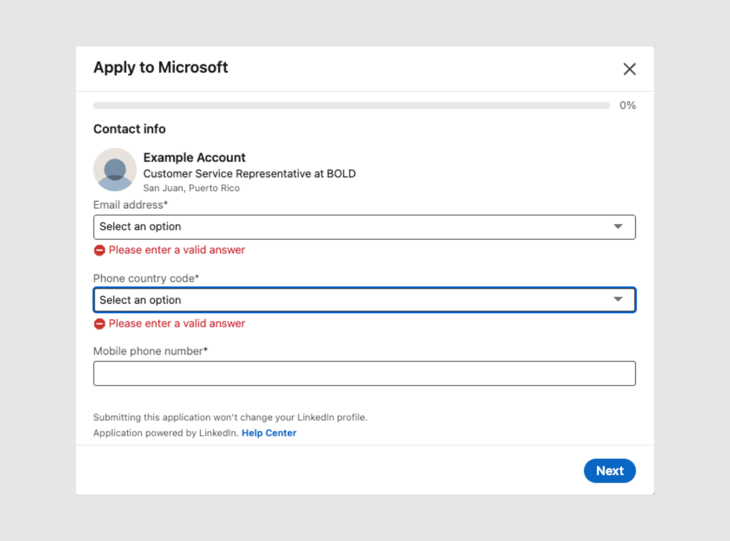 LinkedIn application screen showing the "Contact info" step. It displays dropdown menus and a text field for entering an email address and phone number.
