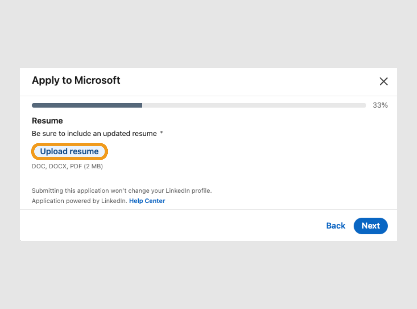 LinkedIn application screen highlighting the "Upload resume" button. It notes that DOC, DOCX, and PDF formats up to 2MB are supported.