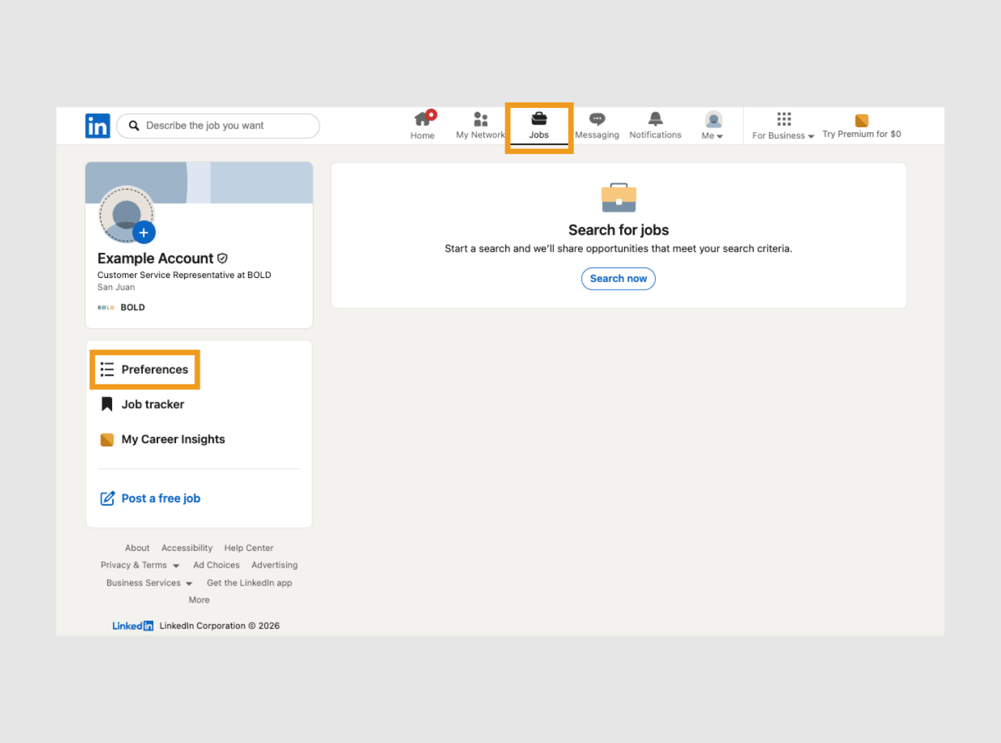 The LinkedIn "Jobs" page, emphasizing the navigation bar’s job icon and the left-hand menu’s "Preferences" option, which appear within orange squares to highlight their locations.