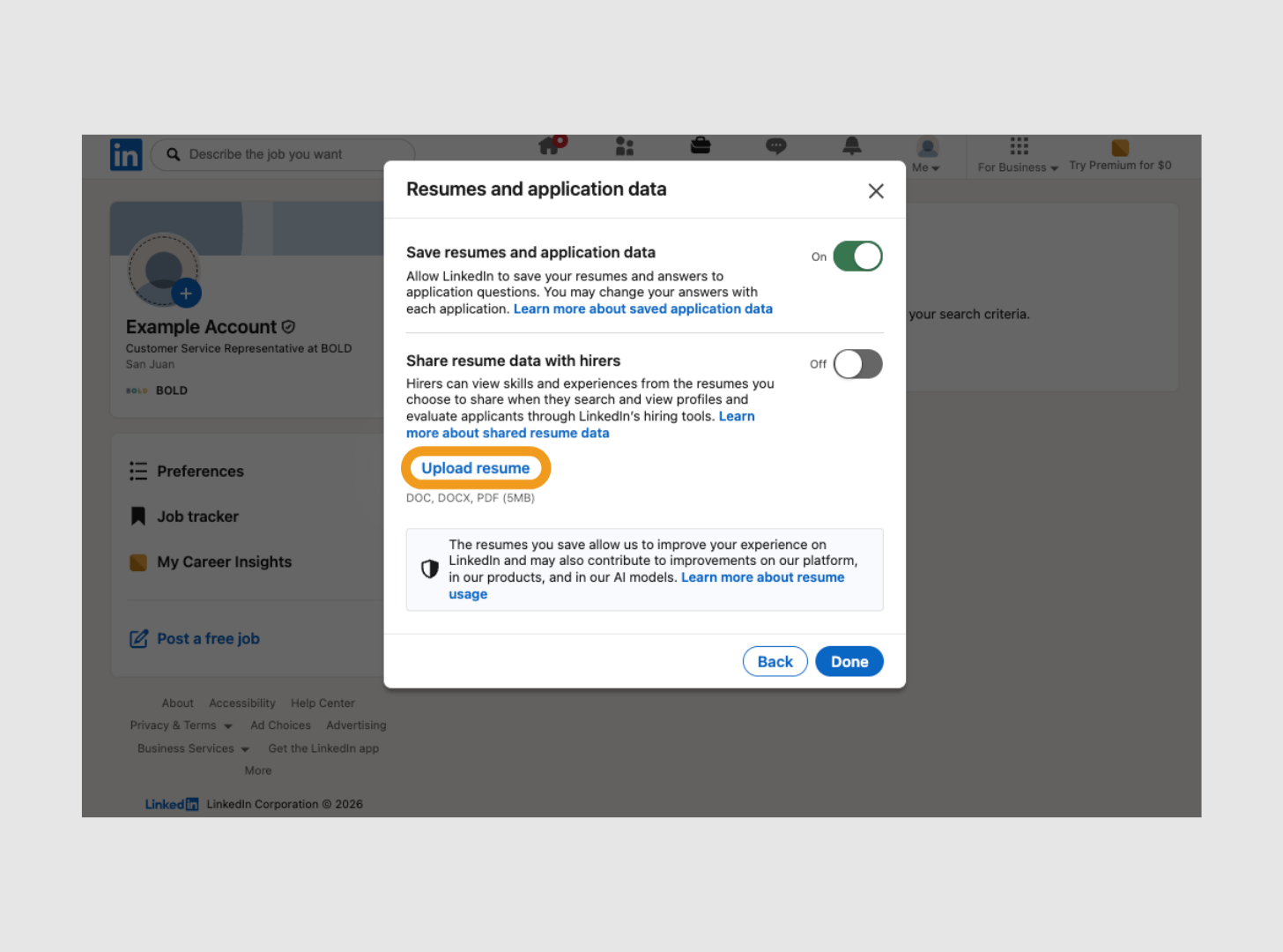 A LinkedIn "Resumes and application data" pop-up showing an orange rectangle around the blue "Upload resume" button, situated below a "Save resumes and application data" toggle.