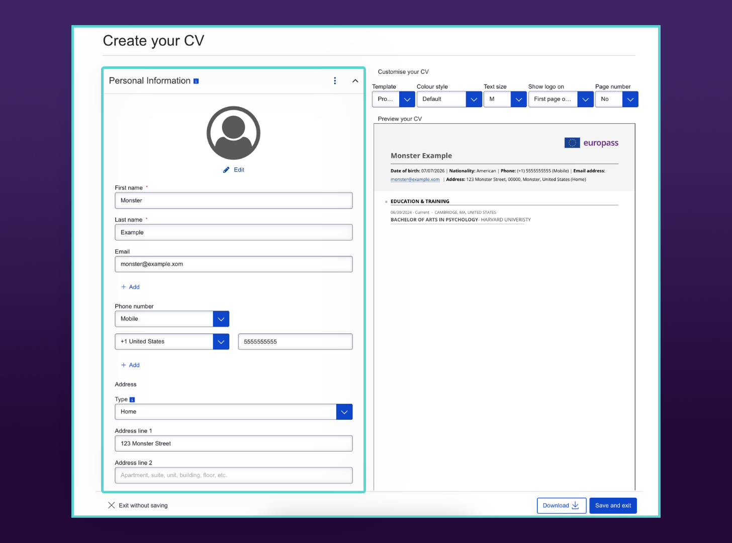 Expanded "Personal Information" editor panel on the left with fields like name and email filled out. The right side shows an updated live CV preview displaying the newly entered contact details.