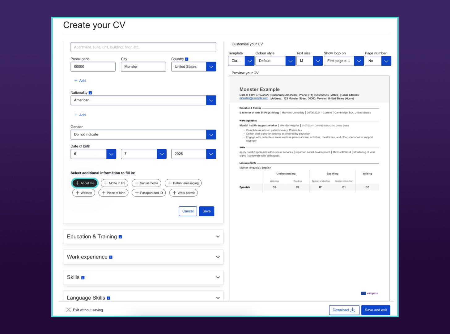 Europass CV editor displaying filled fields for nationality, gender, and date of birth. A "Select additional information to fill in" section offers optional buttons like "+ About me" and "+ Motto in life".