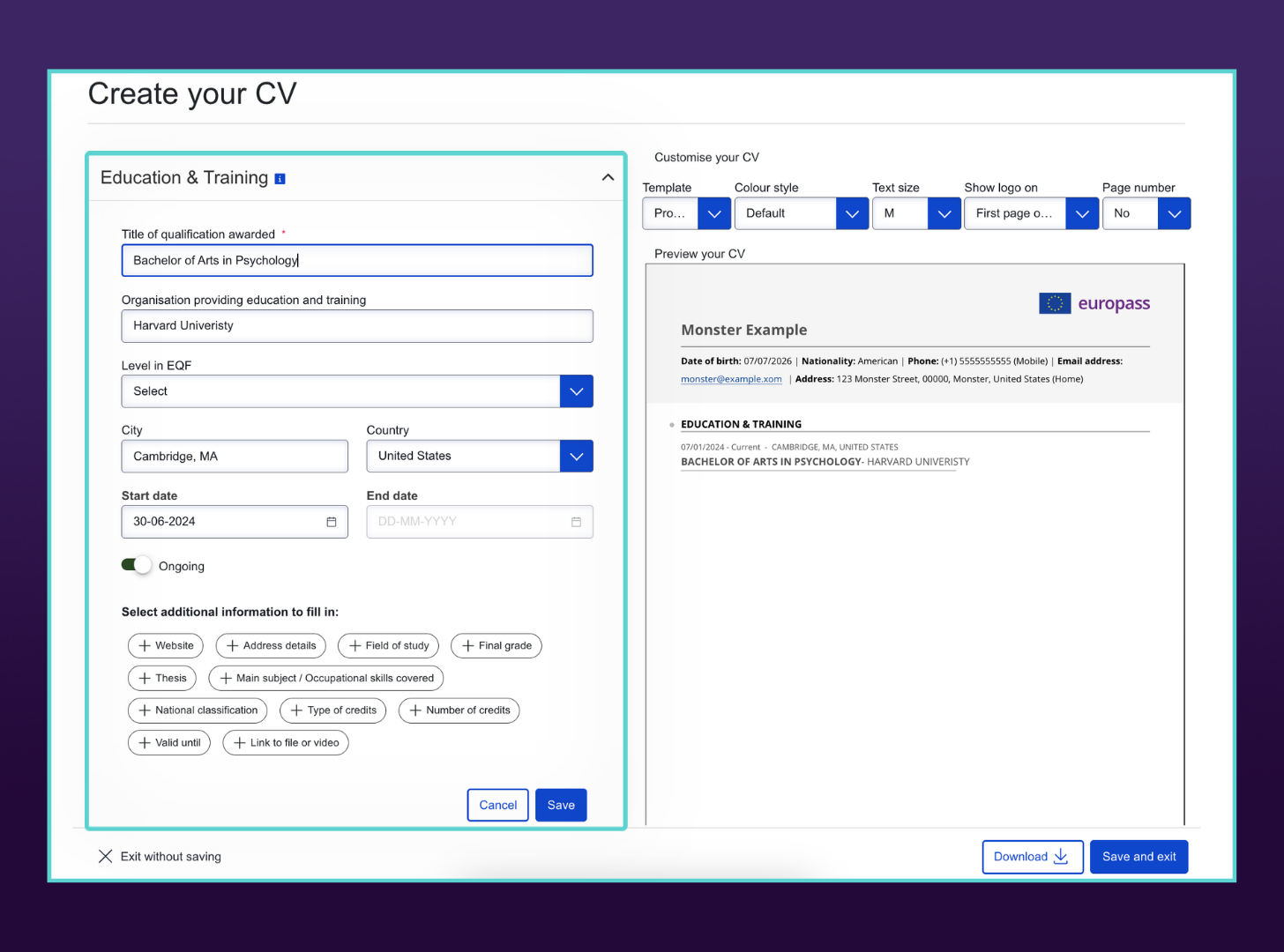 Expanded "Education & Training" panel with fields filled for a Bachelor of Arts in Psychology at Harvard University. The right pane displays the live CV preview updated with this academic entry.