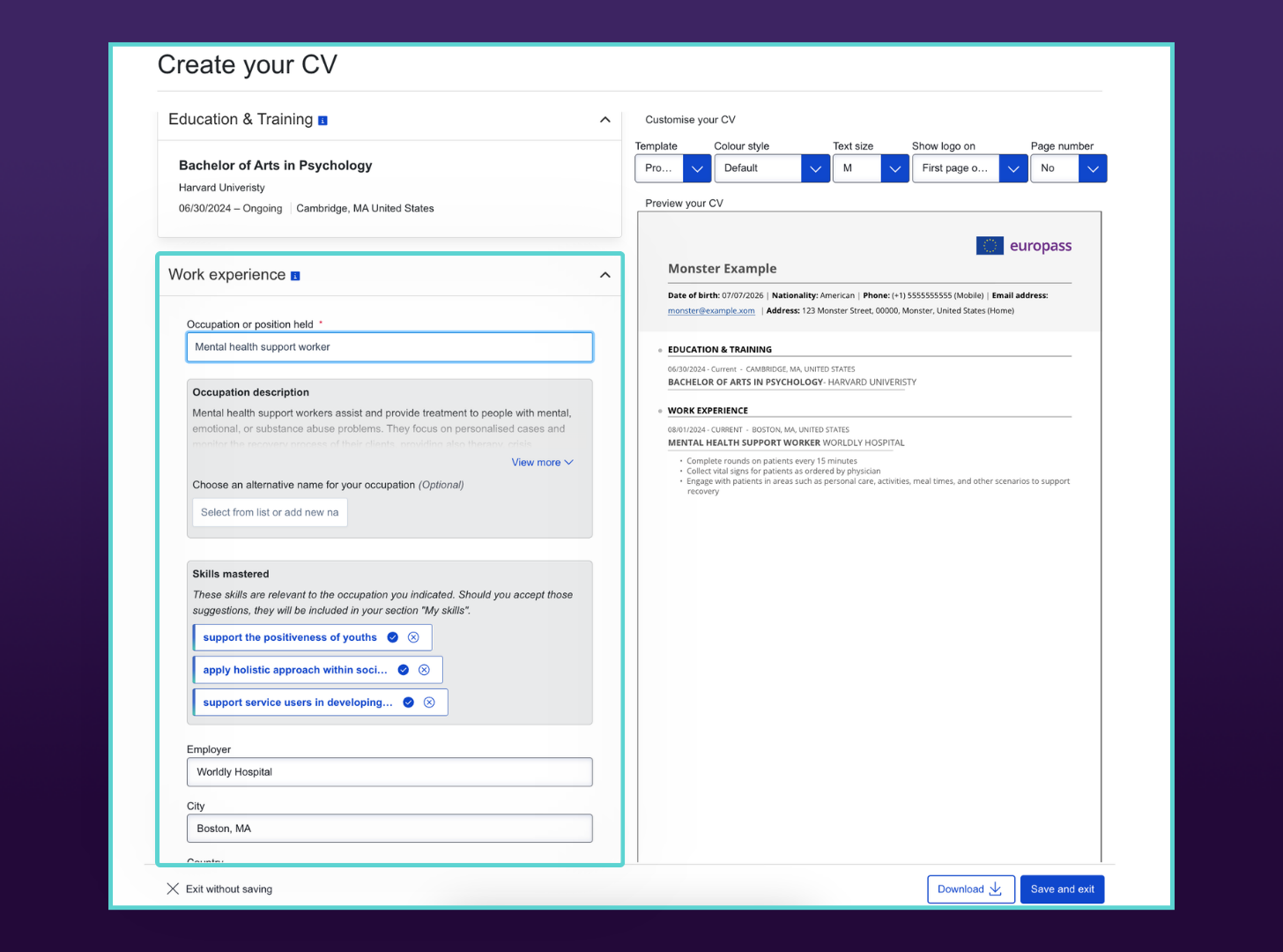 Expanded "Work experience" panel with fields for role ("Mental health support worker"), employer, and city. A live resume preview on the right shows the formatted work experience section.
