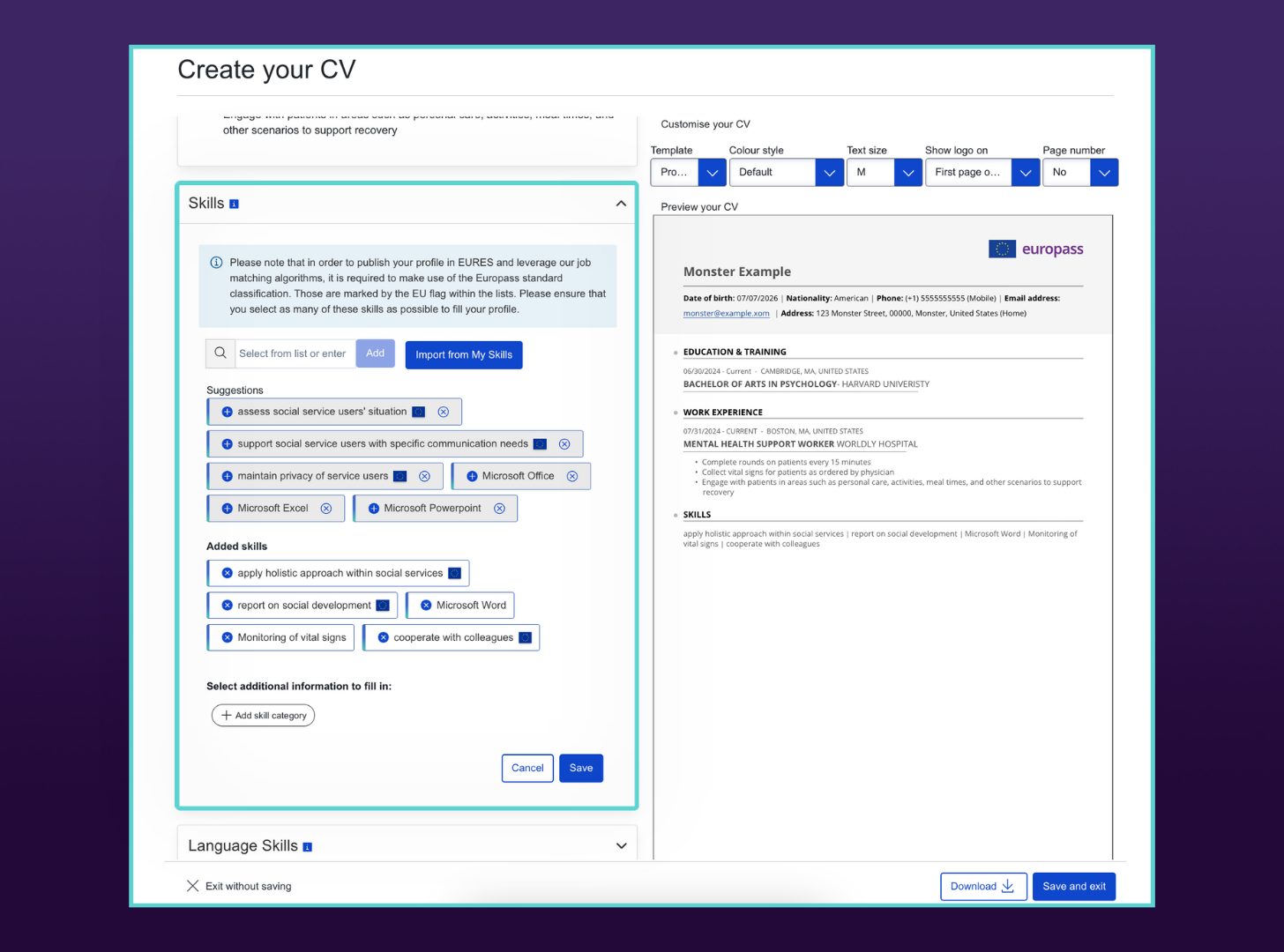 Expanded "Skills" section in the Europass builder featuring a list of suggested tags and added skills. The live CV preview on the right automatically updates to show the selected skills compiled beneath the work experience.
