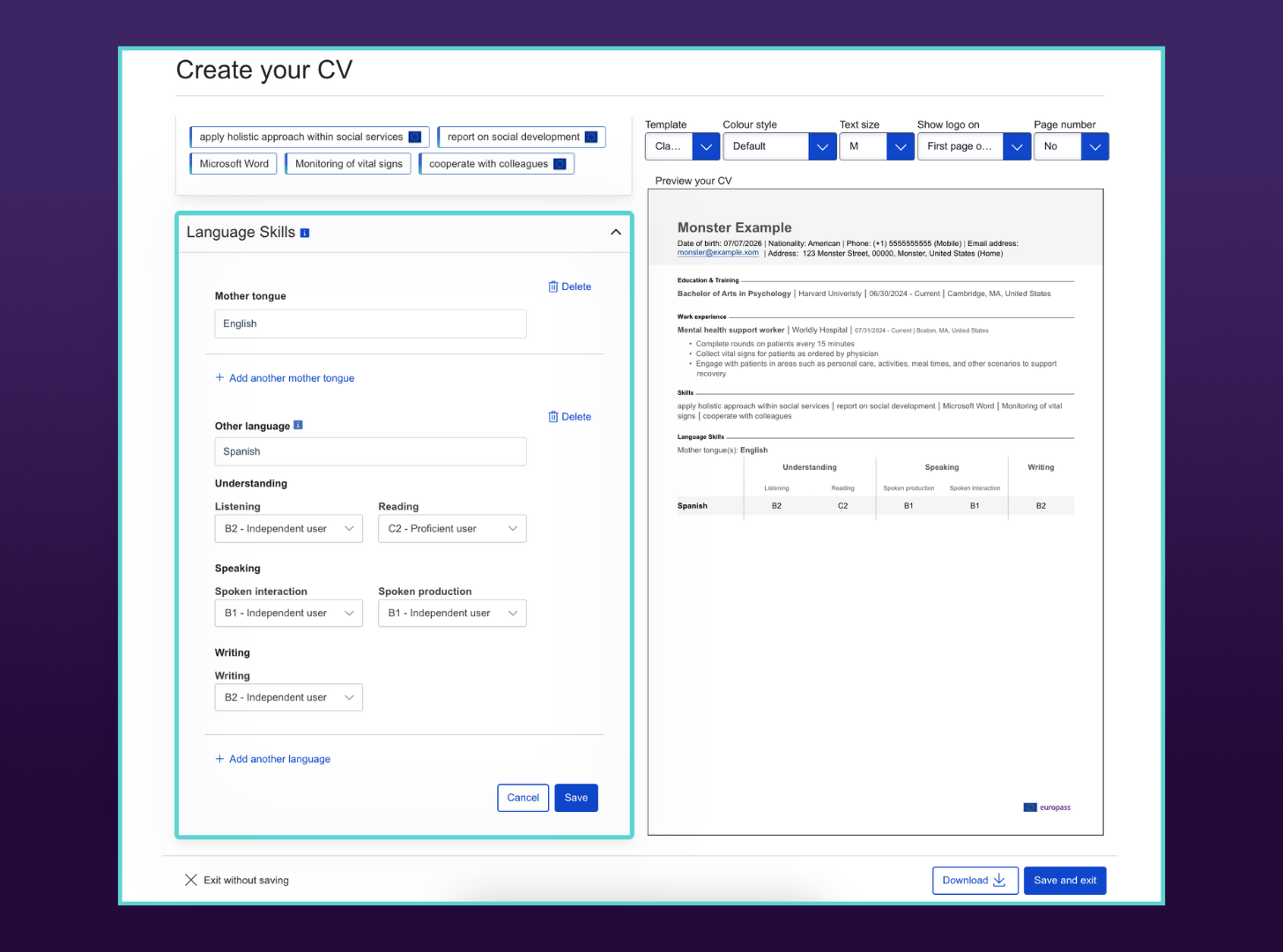 Expanded "Language Skills" editor detailing a mother tongue and self-assessed foreign language proficiency levels. The live CV preview displays a generated table charting understanding, speaking, and writing competencies.