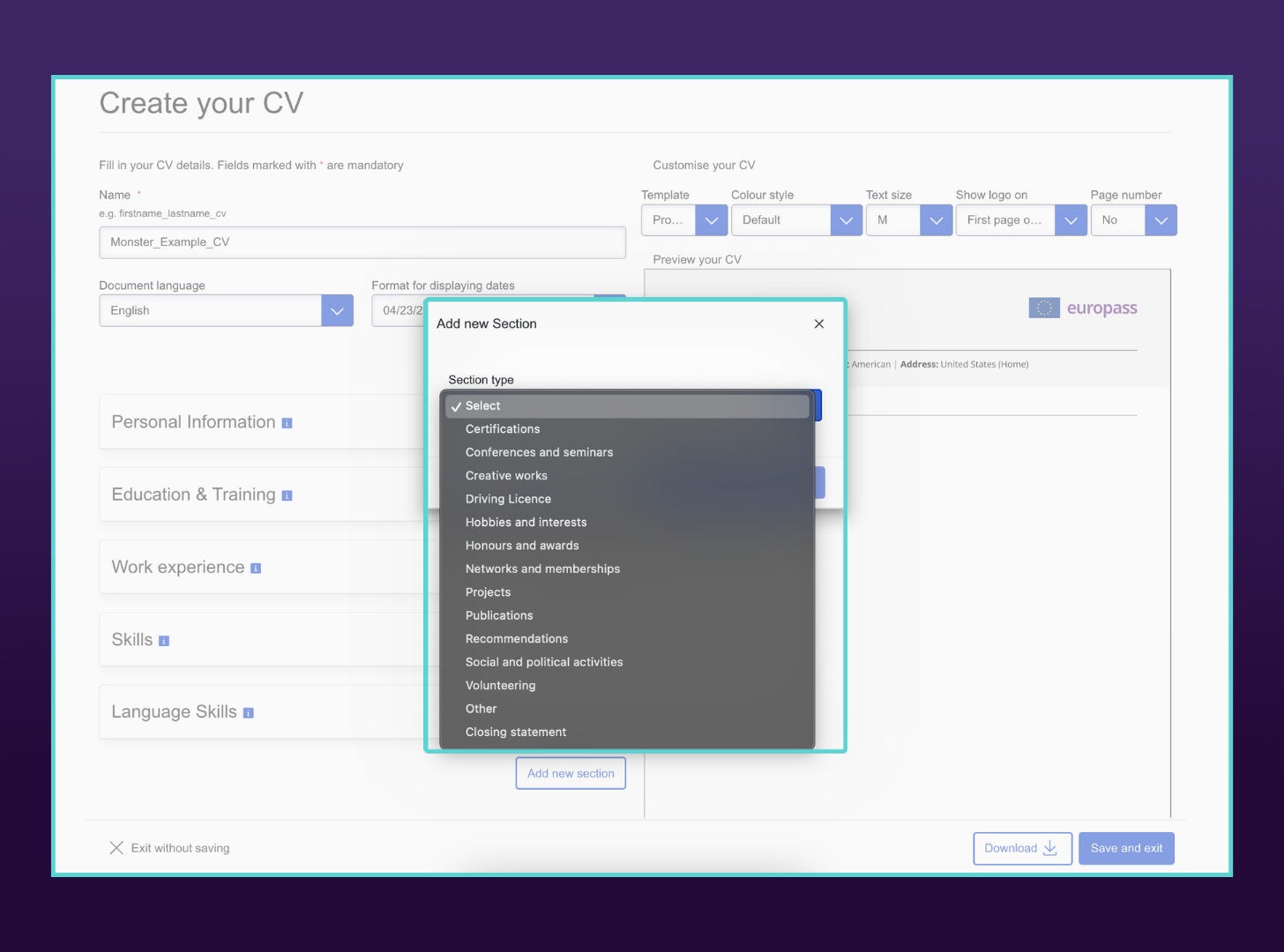 "Add new Section" modal popup displaying a dropdown list of optional resume categories. Available choices include Certifications, Creative works, Driving Licence, Projects, and Volunteering.