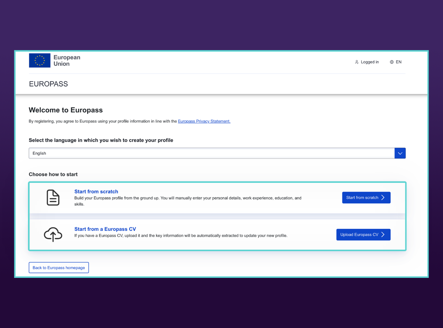Welcome to Europass screen offering options to start a profile from scratch or import an existing Europass CV. It includes a dropdown menu to select the language for the profile.