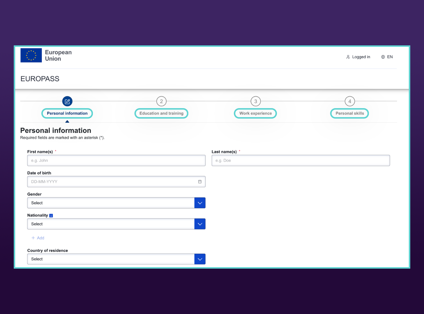 Personal information form, step 1 of Europass creation. Progress bar highlights future sections in teal: Education and training, Work experience, and Personal skills. Fields below include name, birth date, and nationality.