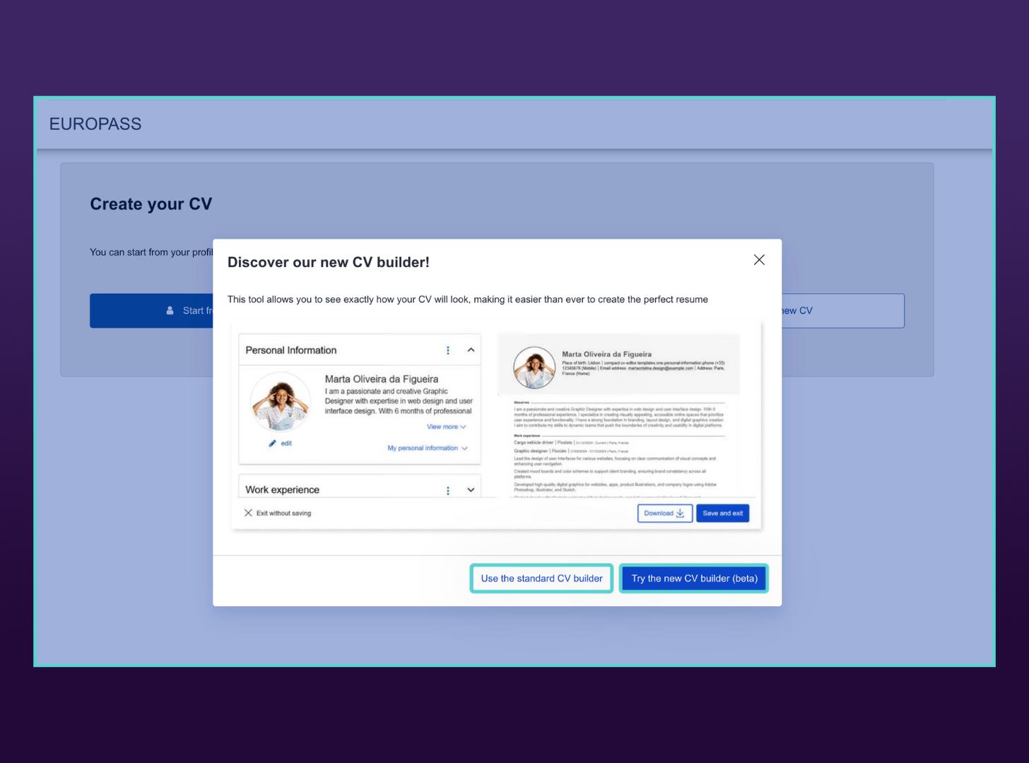 Pop-up modal introducing Europass's new CV builder. Prominent action buttons at the bottom ask the user to select either "Use the standard CV builder" or "Try the new CV builder (beta)."