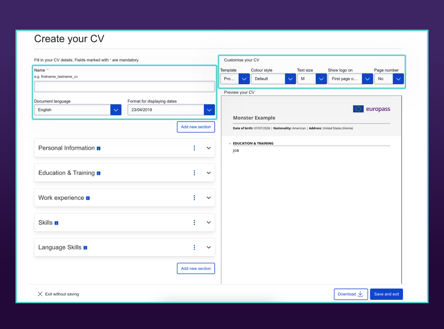 9 Choose Name Date Design Cv Europass Screenshot